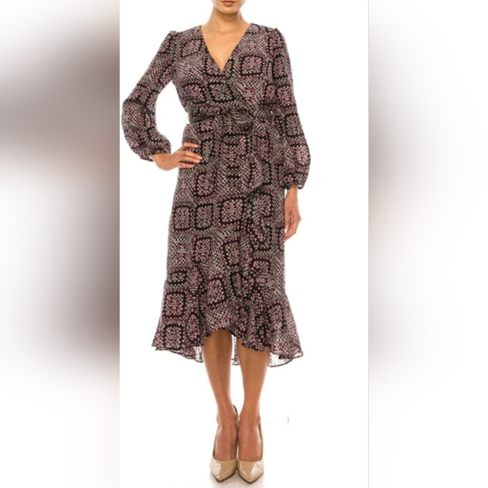 Maison Tara Chiffon V-neckine Sheer Puff Sleeves Ruffled Wrap Belted Zip Dress